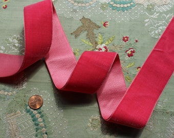 1 yard antique silk velvet ribbon 1 9/16" rich pink shade ribbonwork dress millinery hat trim flapper edwardian