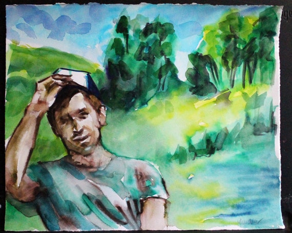 A Handsome Farmer, watercolor on Rives BFK approximately 11"x14" by Kenney Mencher