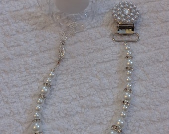 Elegant Pearl Beaded Rhinestone Pacifier Clip