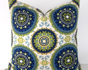 BOTH SIDES - Indoor - Outdoor Suzani Pillow Cover - Blue - Lime Green - Off White and Ivory