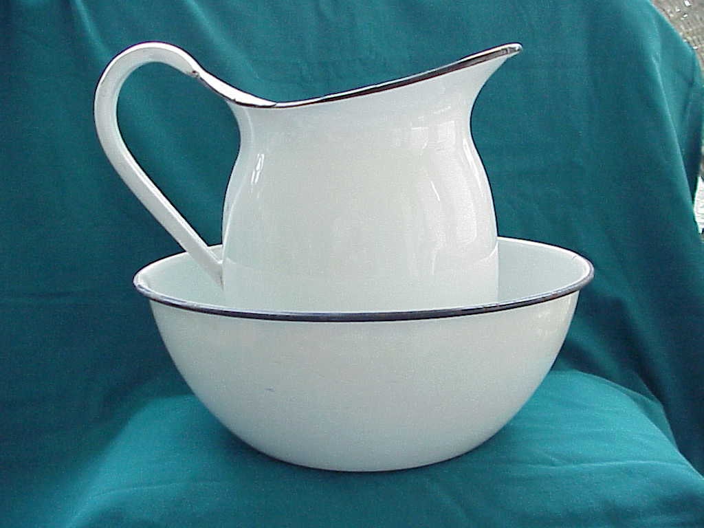 Large Vintage Enamelware Pitcher And Bowl Set