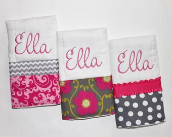 3 Personalized Burp Cloth Set in Pink and Gray - Damask, Polka Dots, Flowers