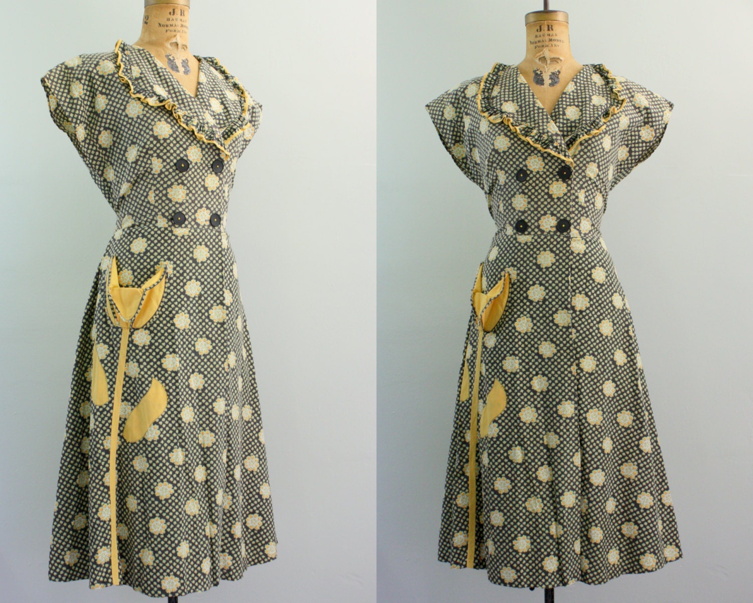 vintage 1940s dress / 40s house dress / floral print dress