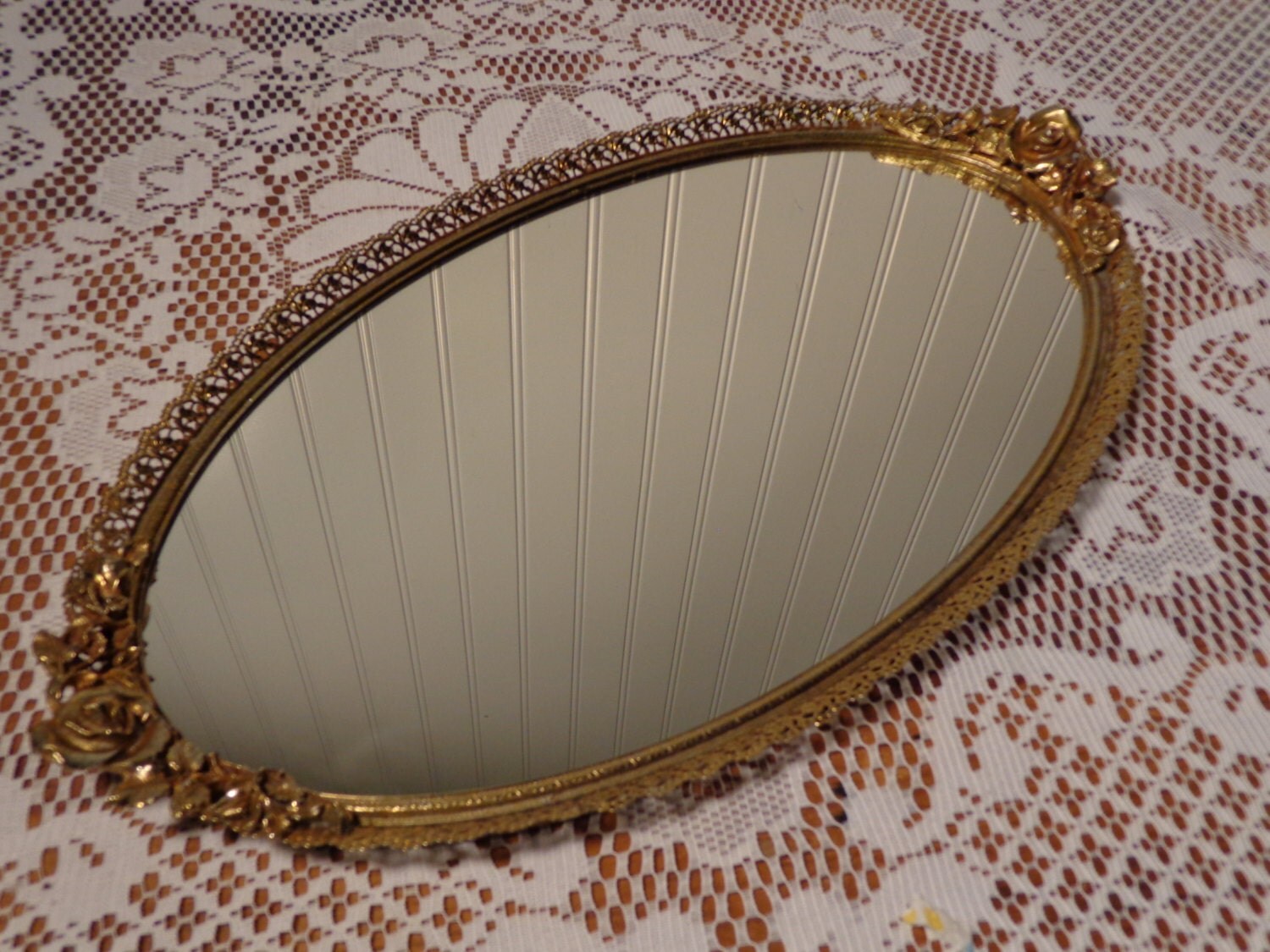 Vintage Oval Vanity Mirror Tray with Handles Mirrored