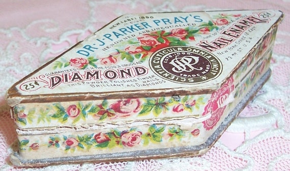 ANTIQUE Dr. J. Parker Pray's Diamond Nail Enamel Box...Pink ROSES Litho Label