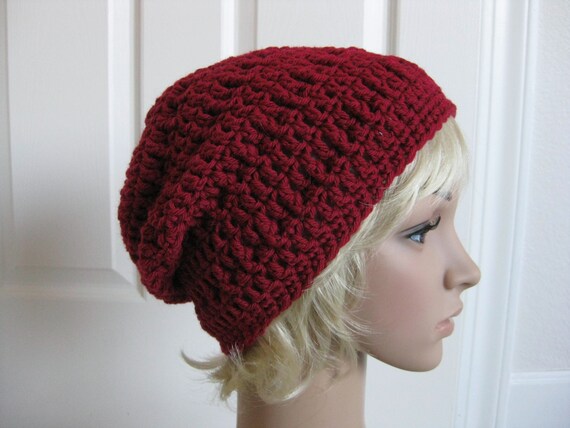 Crochet Slouch Beanie Hat-Red