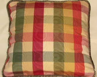 Country French Cottage Pillow Provence Check Yellow Red Green Cream Plaid Moire