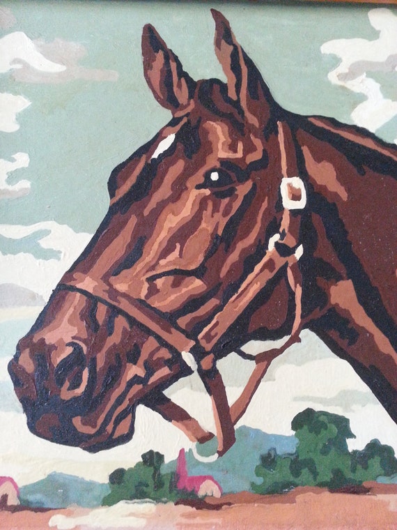 vintage paint by numbers horse framed painting hand made 1950s