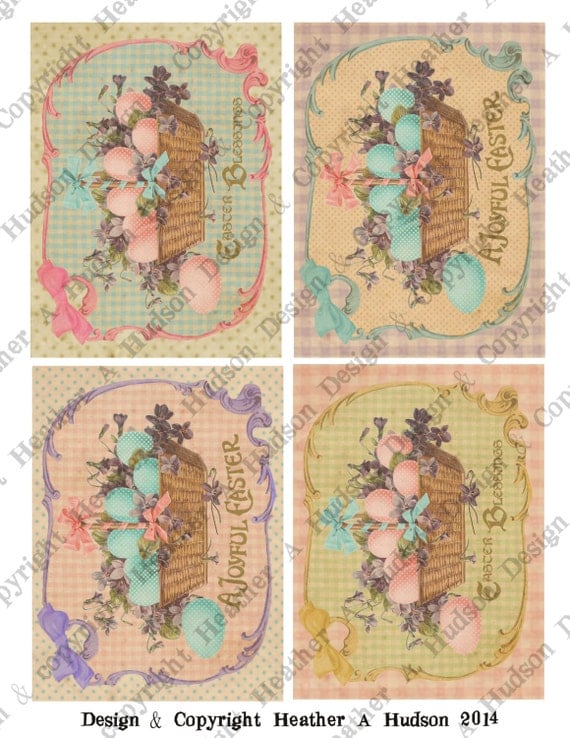 Victorian Vintage Easter Shabby Pink Basket Violets Eggs Card Fronts Digital Collage sheet Printable