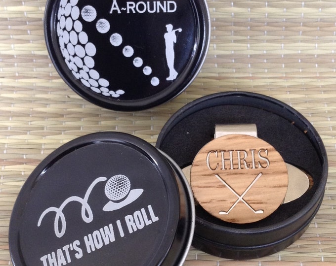 Personalized Wood Golf Ball Marker & Custom Gift Box - Custom Wood Golf Ball Marker / Hat Clip