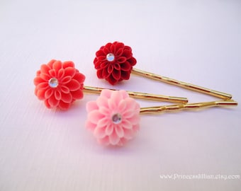 Cabochon hair pins - Red, Coral, Pink mums resin with rhinestone trio warm hue colors decorative embellish jeweled accessories TREASURY ITEM