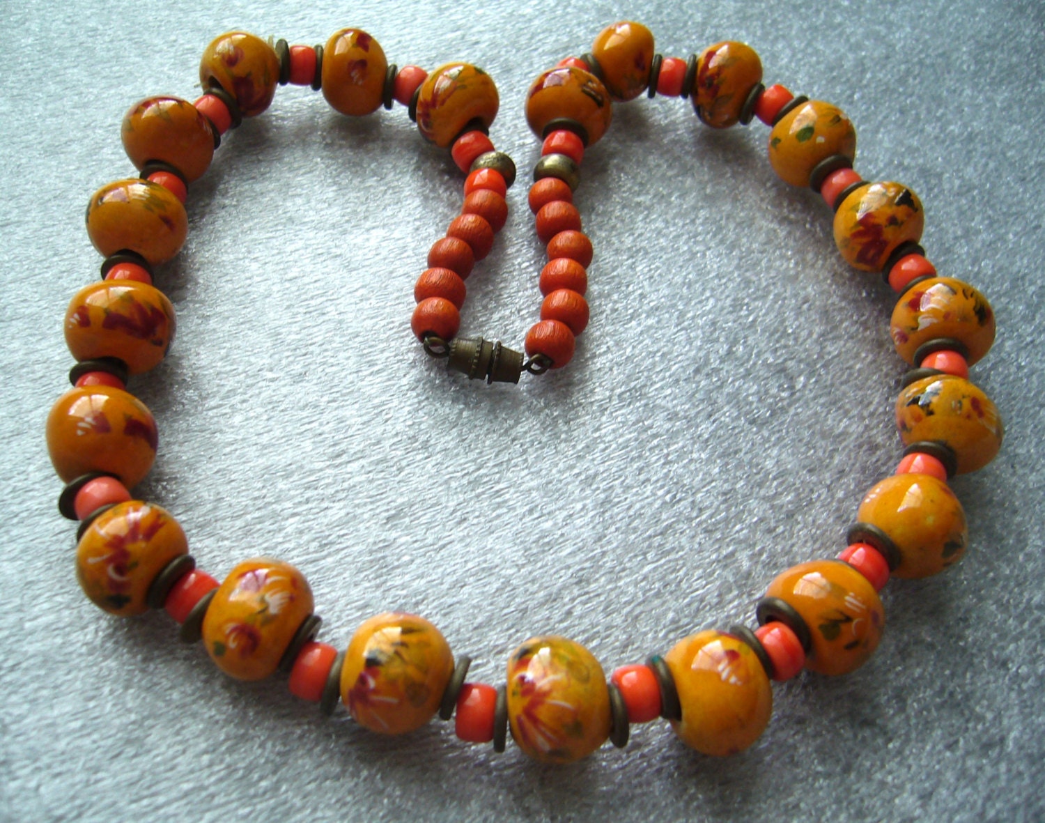 Vintage old ceramic hand painted hand made beads necklace