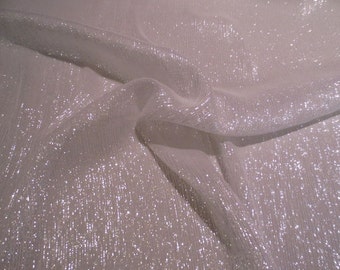 White with Silver Metallic Silk Chiffon Fabric--One Yard