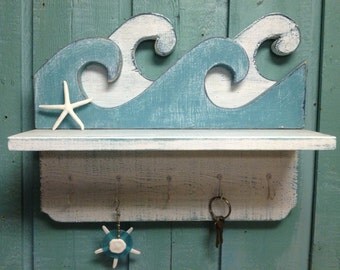 Waves Shelf Key Holder Hook Rack Sign Wall Beach House Decor CastawaysHall