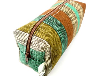 Teal, Aqua, Olive and Brown Striped Makeup Bag, Gadget Case, unisex, small, zippered, pencil case, for her