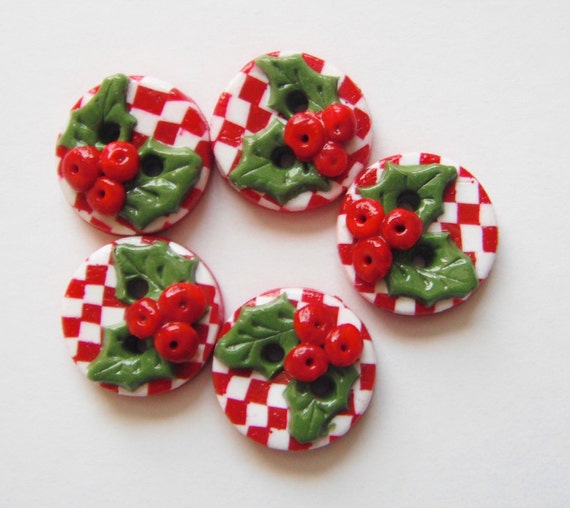 Button Checked Holly handmade polymer clay buttons 5