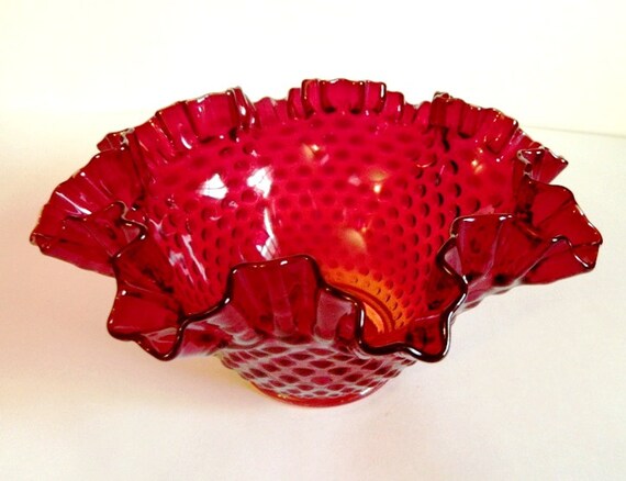 Fenton Glass Red Ruffled Hobnail Bowl