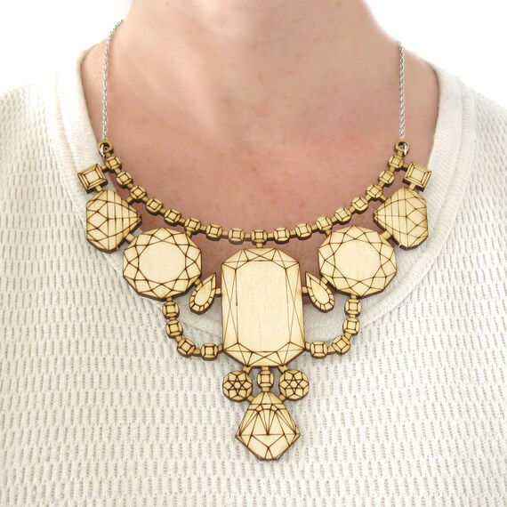 Wood Laser Cut Statement Necklace - Bib Engraved Geometric Jewels Birch Ply Jewelry