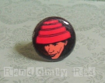 Vintage 80s 1980s DEVO Red Energy Dome Hat New Wave Rock Button Pins Badge Silver Adjustable Ring