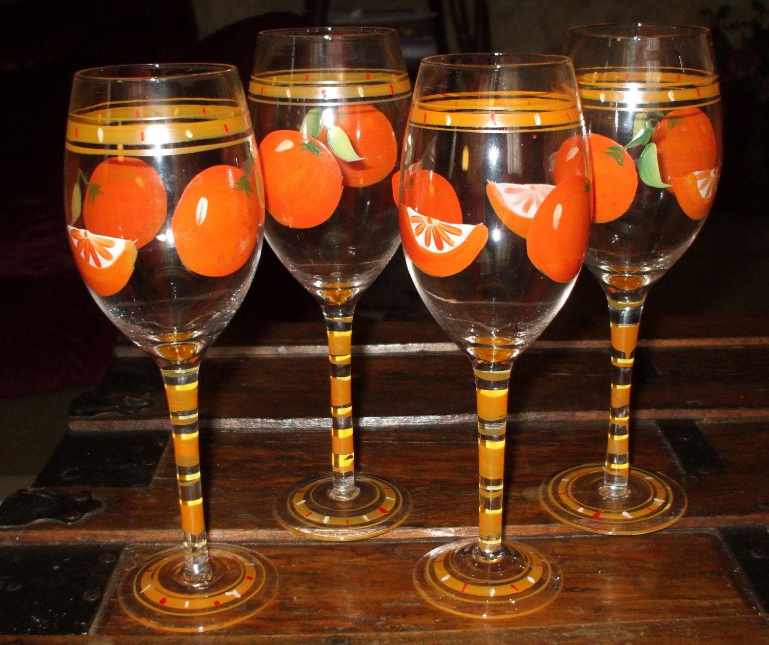 Tall Glass Goblets Stemware Oranges & Orange Slices Tropical Hand