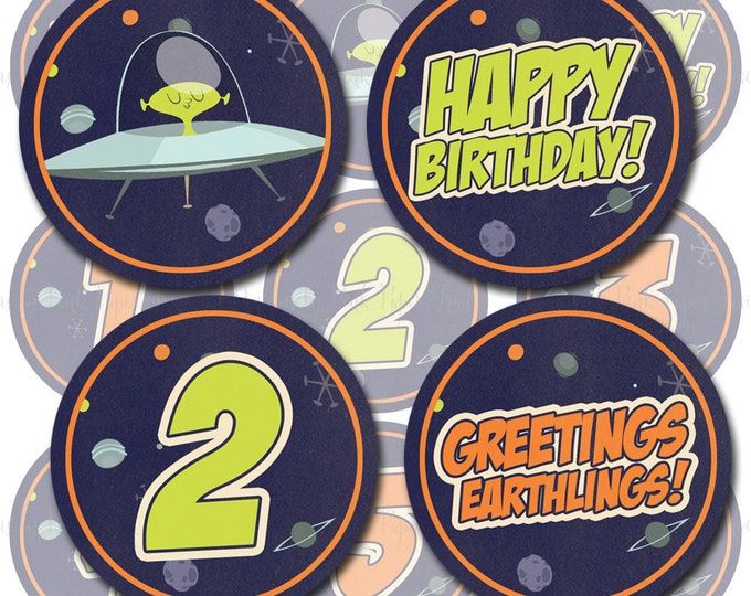 Space Alien, Outer Space Themed Party Circles, Cupcake Topper Template, Print your own