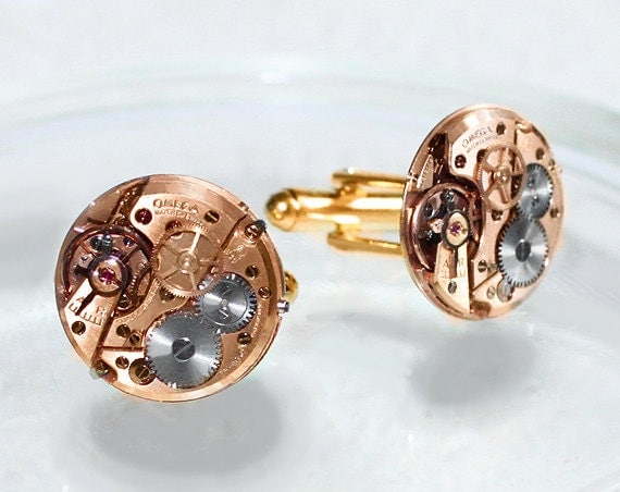 OMEGA Steampunk Cufflinks - Very Rare Rose Gold GENUINE OMEGA Luxury Swiss Watch Movement Men Steampunk Cufflinks Cuff Links Wedding Gift by TimeInFantasy steampunk buy now online