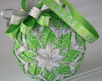 Green and Silver Quilted Christmas Ornament Ball - Lime Squiggles