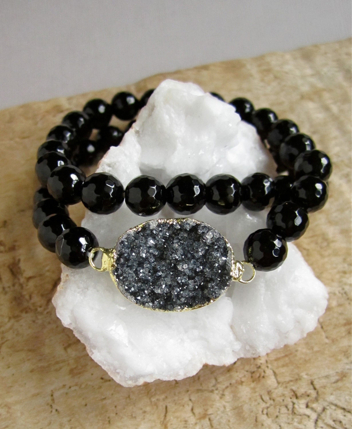 Druzy Bracelet Black Druzy Drusy Quartz Black Onyx Beaded