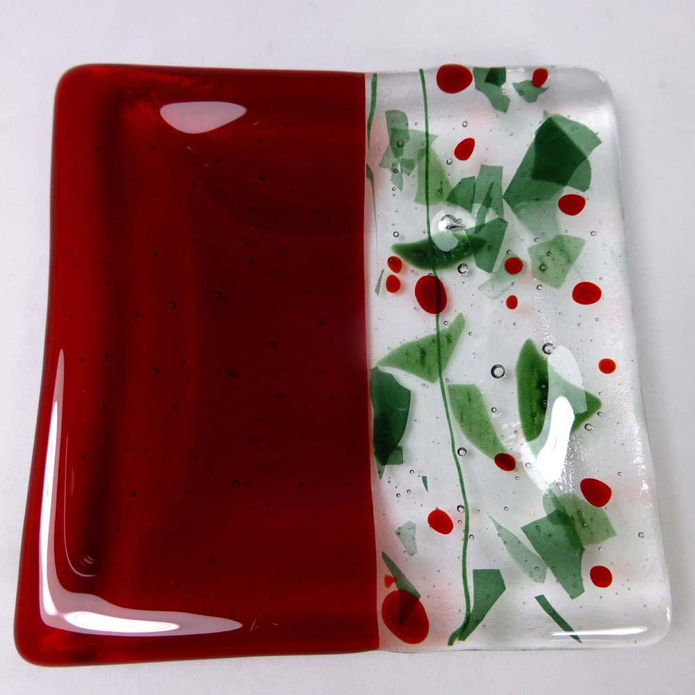 Christmas fused glass candle dish or plate in green holly and