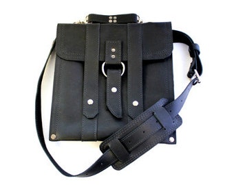 Leather iPad Bag New: - Classic Black Slim Messenger Bag