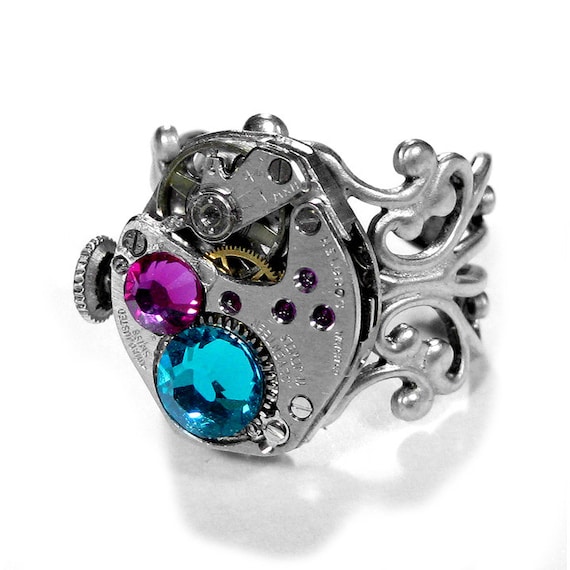 Steampunk Jewelry Ring Vintage Watch Movement SOLDERED Silver Stem ...