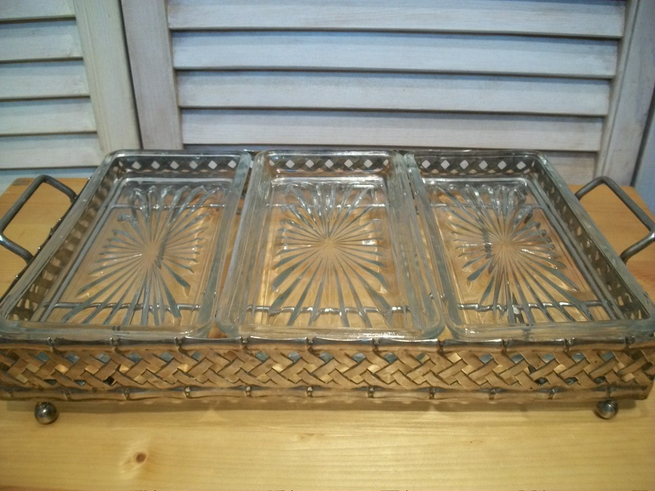 Veggie Tray, Relish Tray, 3 Compartment Glass Dishes with Metal Holder