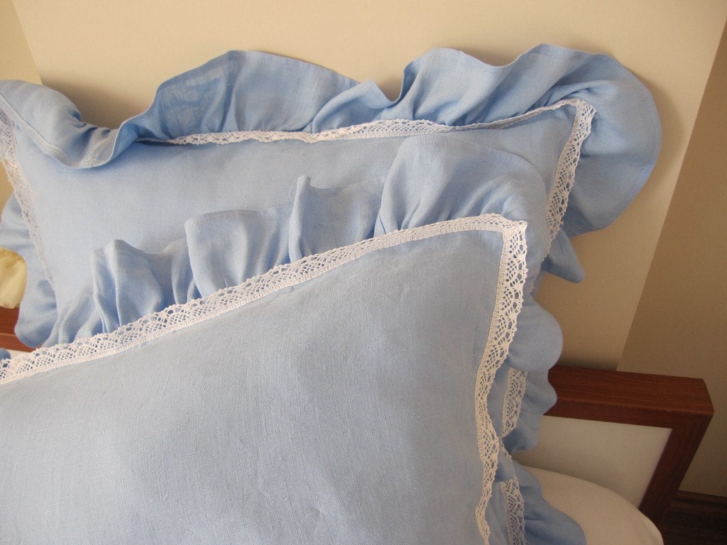BLUE linen EURO SHAM pillows ruffled pillow cover 26 inch