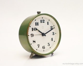 Vintage 70s Forest Green Alarm Clock Mechanical