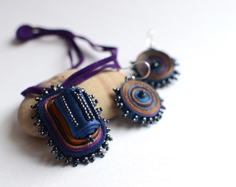 Textile necklace blue, fabric necklace beaded, fiber pendant blue, necklace purple, fabric pendant beaded, gift for woman - Textile jewelry