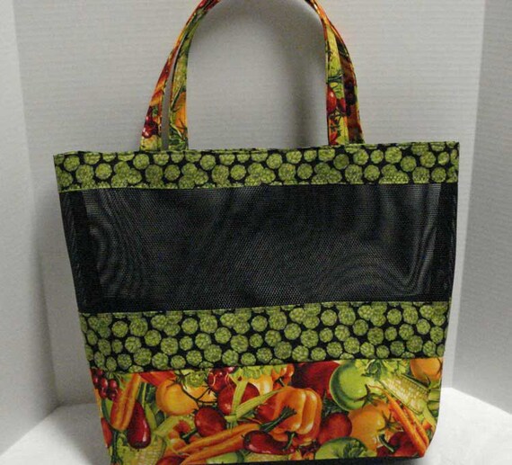 Mesh Tote Bag or Market Bag with Vegetable Print Fabric and