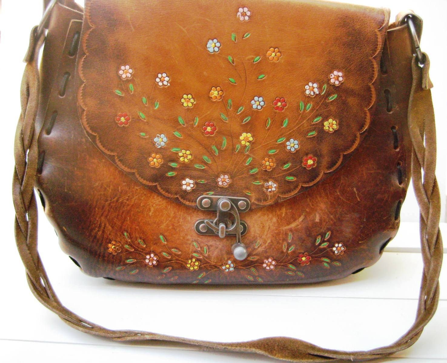 Vintage Leather Purse Hand Tooled with Metal Latch