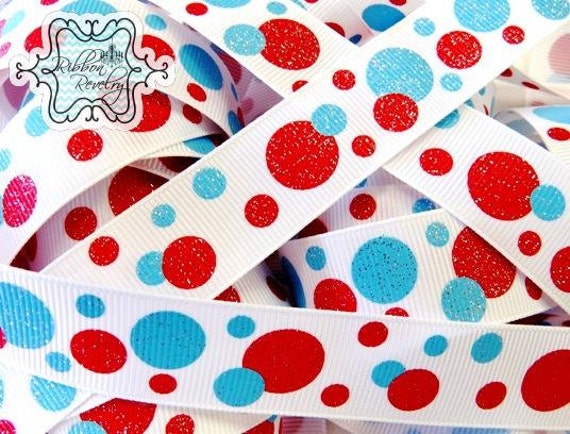Capri blue & red glitter dots on 7/8" grosgrain ribbon- coordinates with mermaid collection Il_570xn