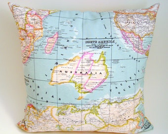 Map Of The World On Cloth Map pillow cover - world map cushion cover - World map pillow cover- decorative pillows - blue pillow cover - decorative map pillow