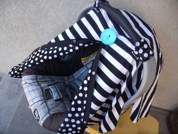 Carseat Canopy Black Stripe Dot REVERSIBLE Change Button Color