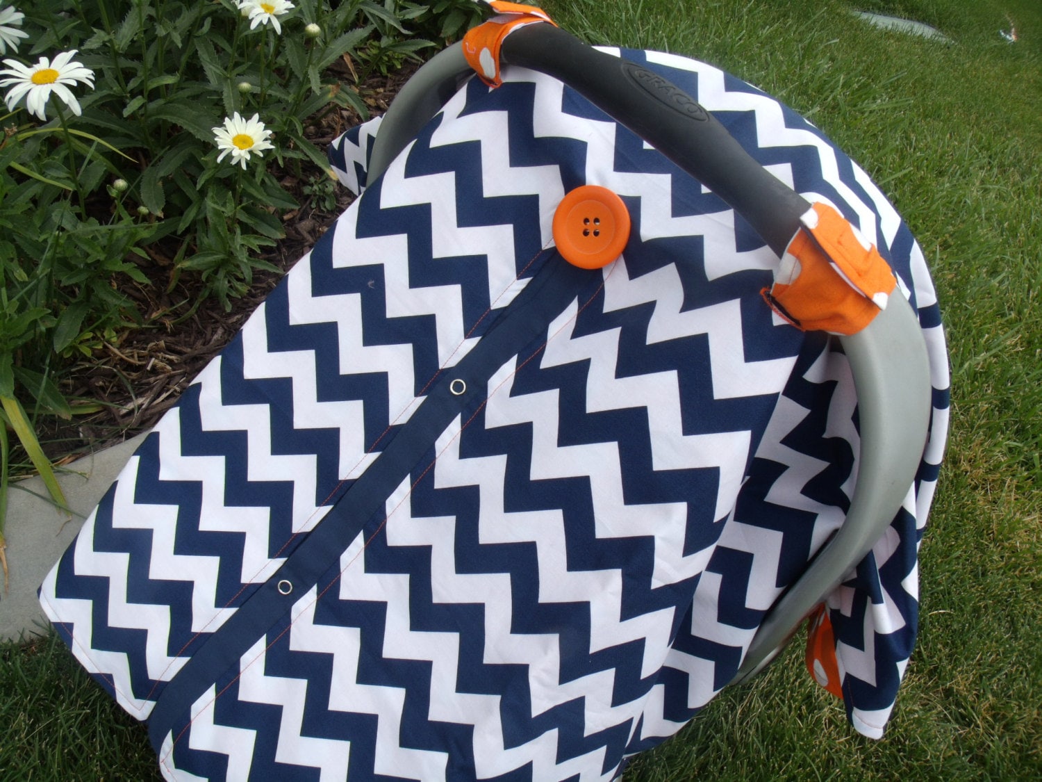 Carseat Canopy Carseat Cover Navy Orange Dot REVERSIBLE