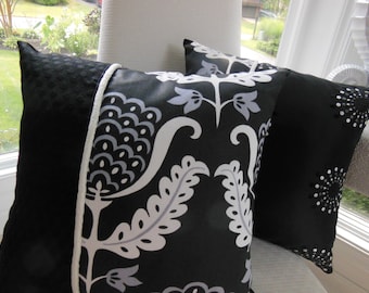 Black Decorative Pillow - Black and White Candelabra Reversible Pillow - 15 x 15 Inch - Spiral Embroidery - Jacquard Dots