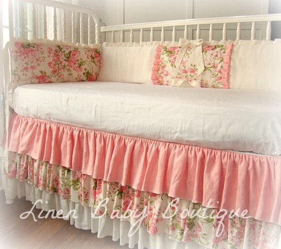 Coral Pink Crib Bedding Baby Bedding 3 Tiered Crib Skirt. Set