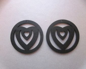 SALE - Black Wood Heart Pendants 48mm 2 Pendants