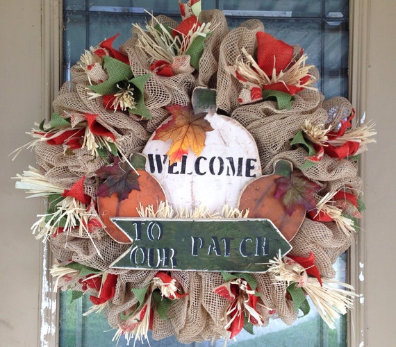 Fall Wreath Pumpkins Burlap and Chevron by SignsBYDebbieHess