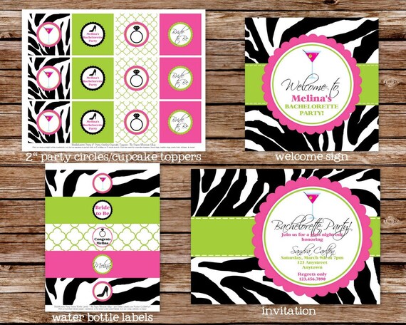 Printable Hot Pink and Lime Green Zebra Bachelorette Party, Bridal Shower Party Package Il_570xn