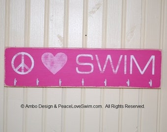 Peace Love Swim Ribbon Display Rack Sign with Hooks - Distressed Wood Wall Decor