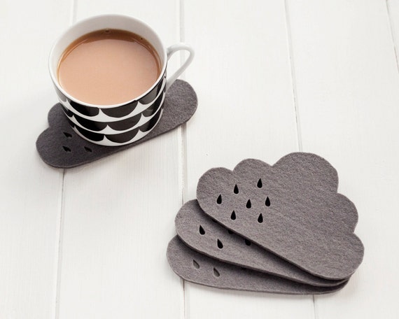 Cloud Felt Coaster set with punched rain detail -  100% 4mm grey thick wool felt, set of 4