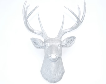 Faux Taxidermy - Metallic Silver Deer Head - Faux Deer Head Antlers Fake Taxidermy Wall Mount D1010
