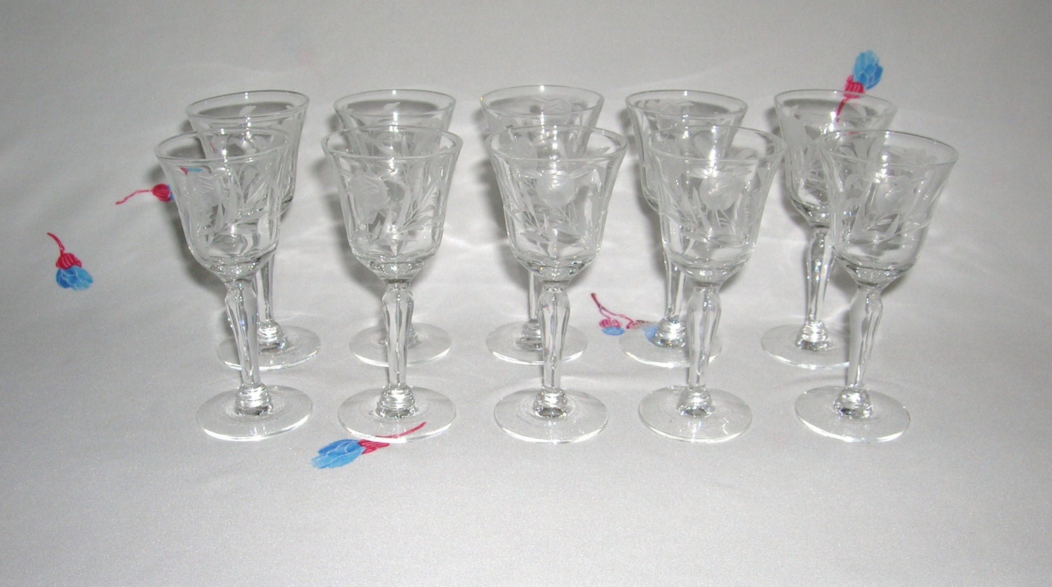 10 Vintage Crystal Cordial Glasses Etch Gray Cut Rose and Leaf